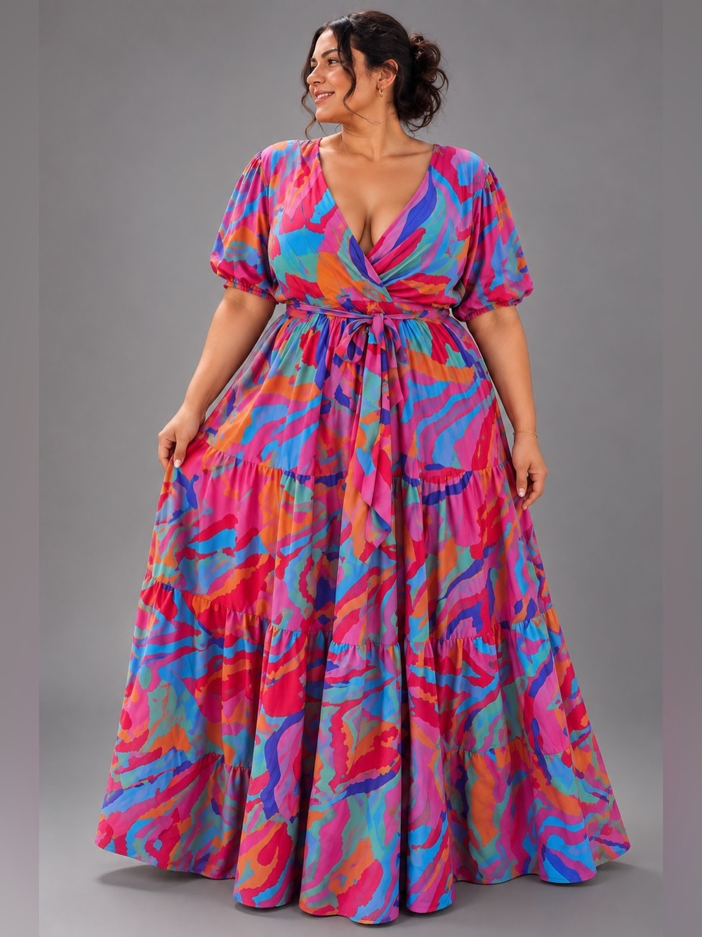 Colorful Pink Abstract  Maxi Dress with Self-Tie Waist size 2x